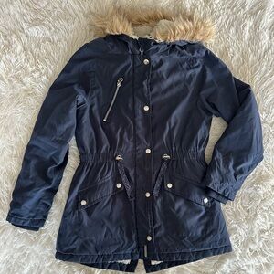 PRIMARK Girls Y2K Blue Utility Jacket Parka Faux Fur Sherpa-lined Size 11-12